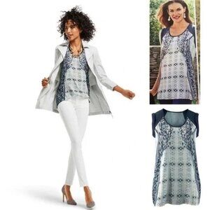 CAbi Mixed Print Tunic Top 253 Chiffon Summer Spring Blue Blouse Small
